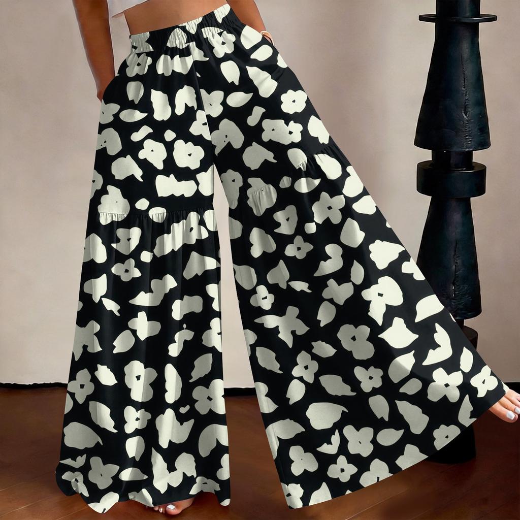 Women's High Waist Wide Leg Pants Loose Fit Lightweight Breathable Floral Print Casual Palazzo Trousers for Summer