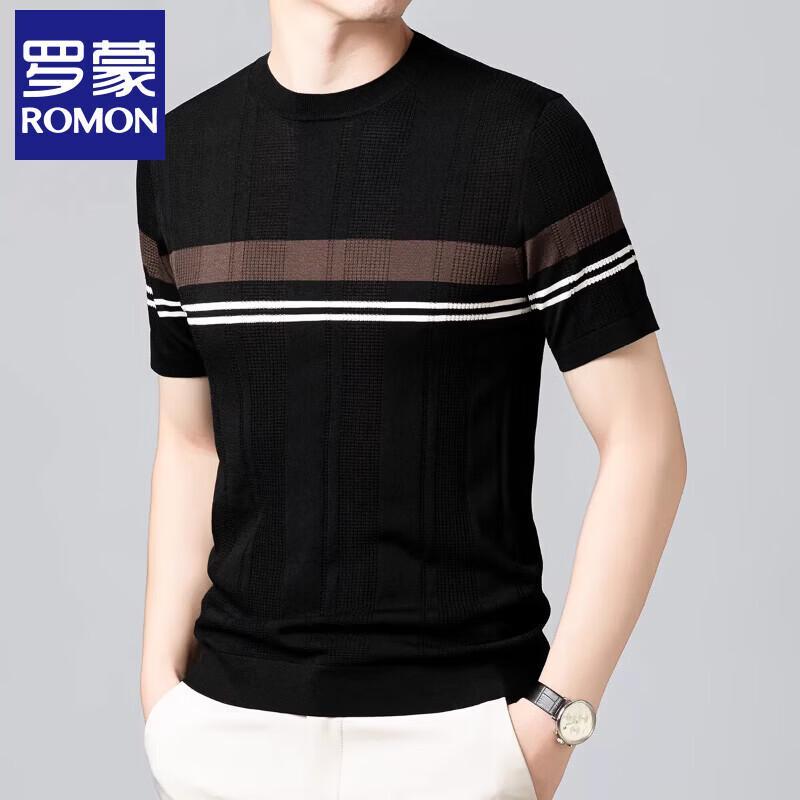 ROMON Men's Silk Blend Striped Knit Short Sleeve T-Shirt