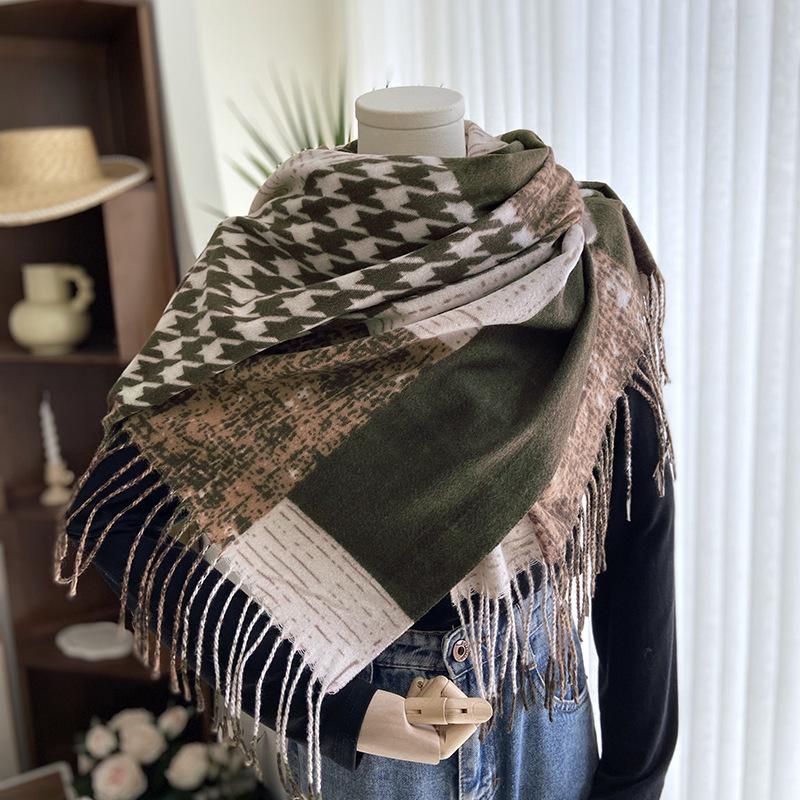 New Imitation Cashmere Scarf European and American Color Matching Tassel Printing Shawl Women's Winter Warm Scarf