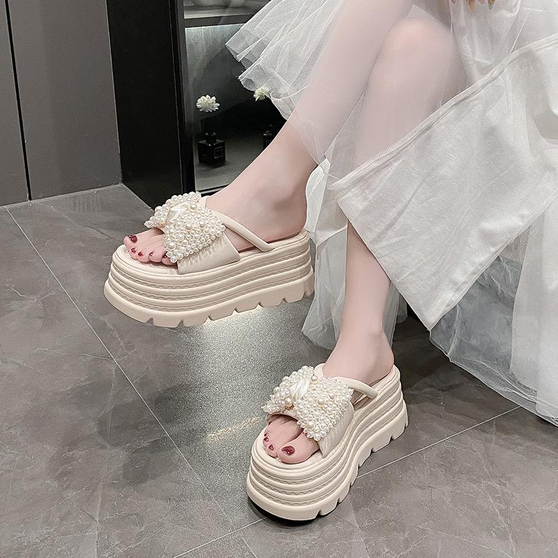 Platform sandals women's shoes shoes summer wear new pearl beach one-word drag