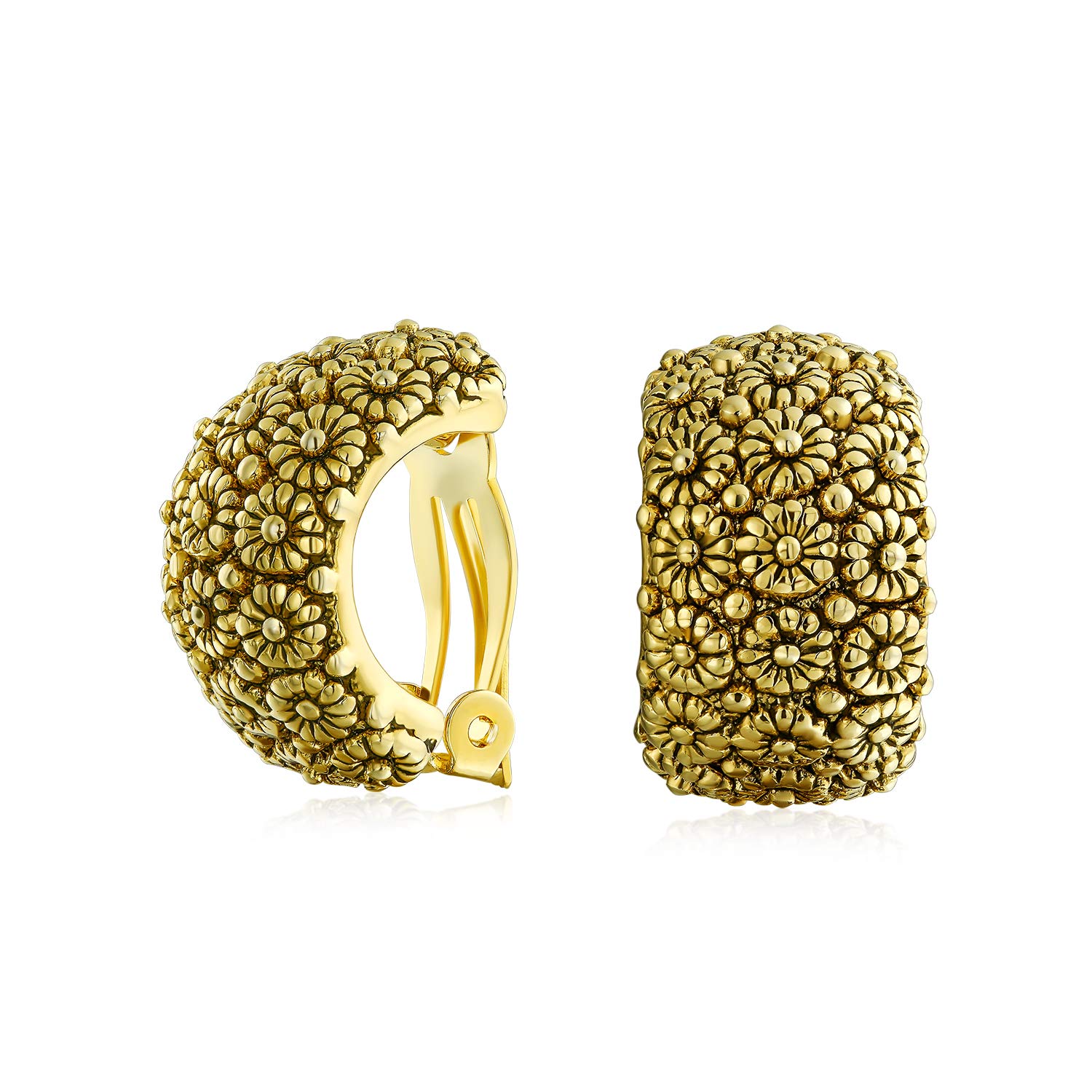 

Fashion carved sunflower flower wide half hoop clip earrings for women ears in oxidized gold tone non-pierced plated.