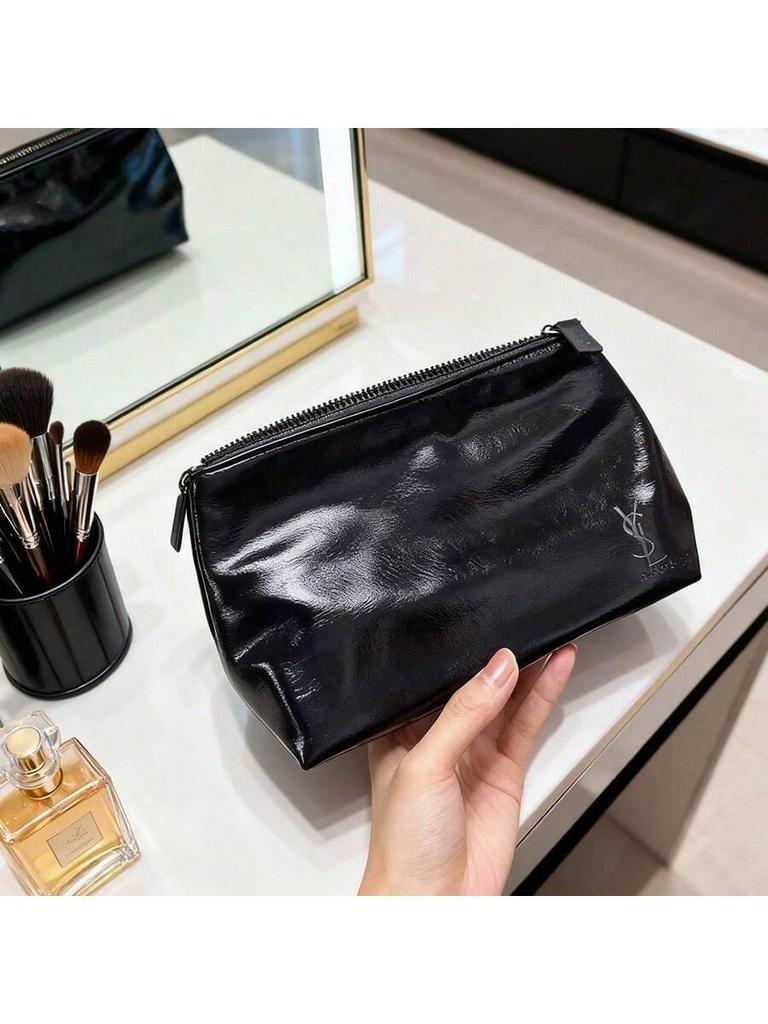 YSL-Women’s Black Rectangular Makeup Bag, Handheld Travel Cosmetic Organizer Pouch, Portable Daily Storage Clutch