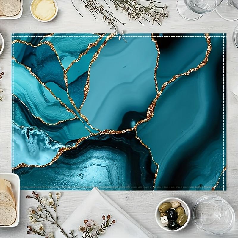 4/6pcs Marble Style Placemats 12x18 Inches, Heat Resistant Non-Slip Table Mats, Abstract Blue, Cyan, Turquoise and Golden, Suitable for Dining Decor,