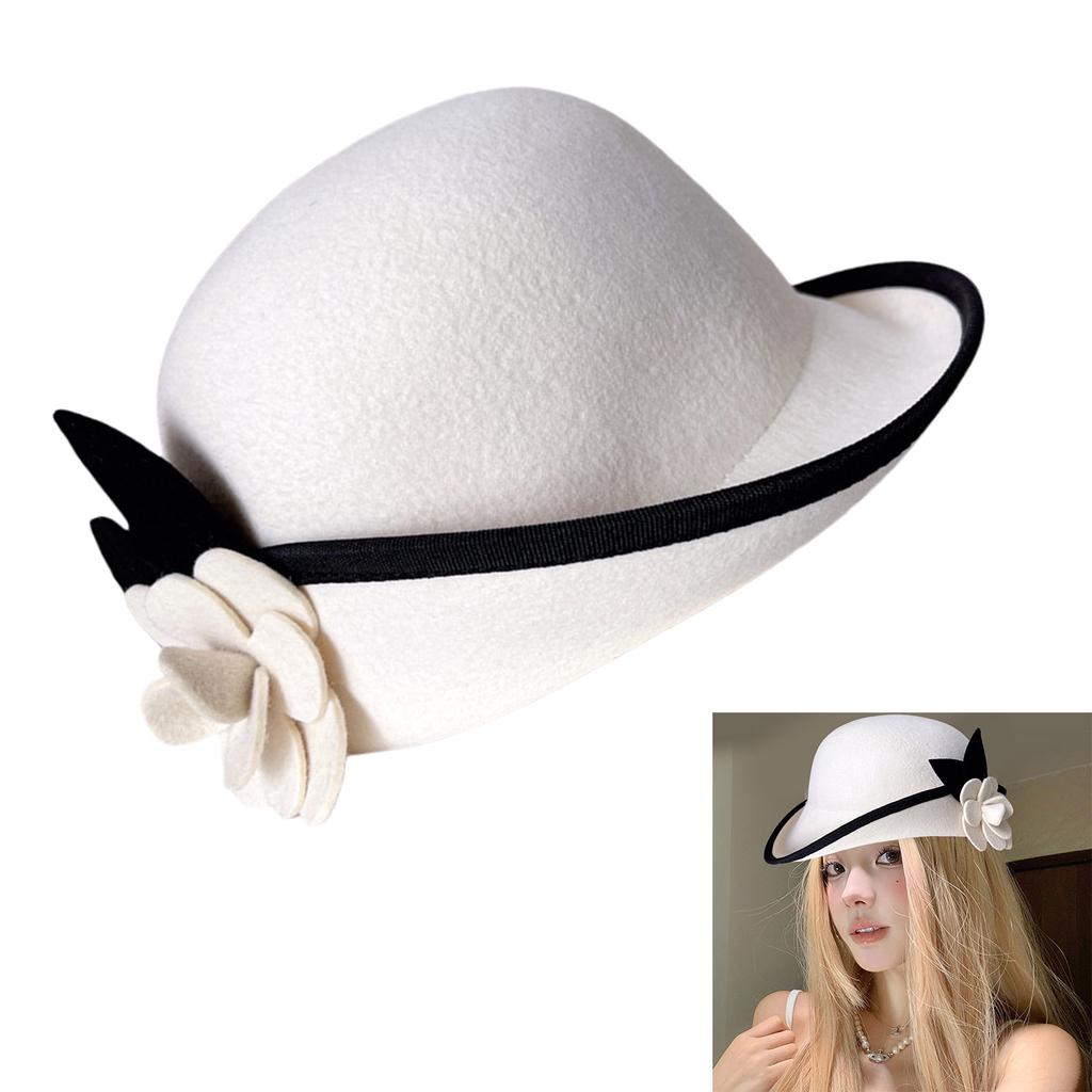 Vintage Fedoras Hat for Women Theme Party Caps with Roll Brim Flower Wool Bowler Hat for Halloween Party Cosplay Accessory
