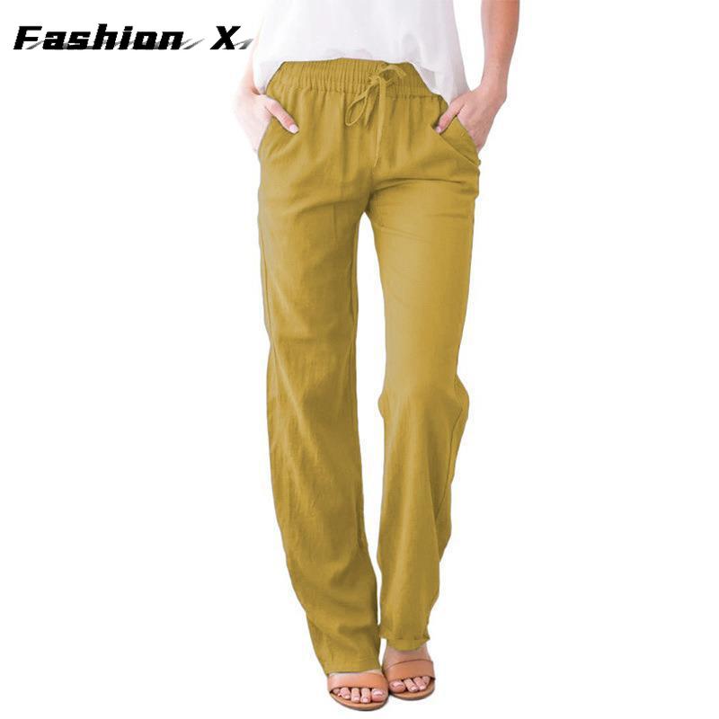 Pantaloni da donna larghi a gamba larga tinta unita cotone lino coulisse pantaloni casual