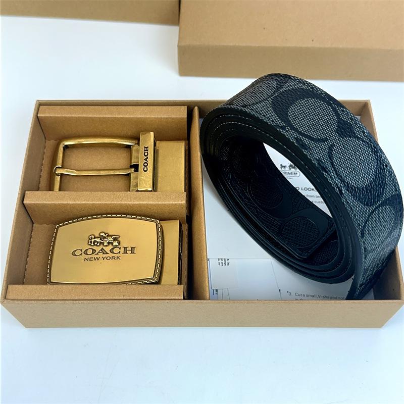 Men's Classic Double Buckle Leather Belt with C Buckle and Fabric Texture - Business Casual Trousers Accessory