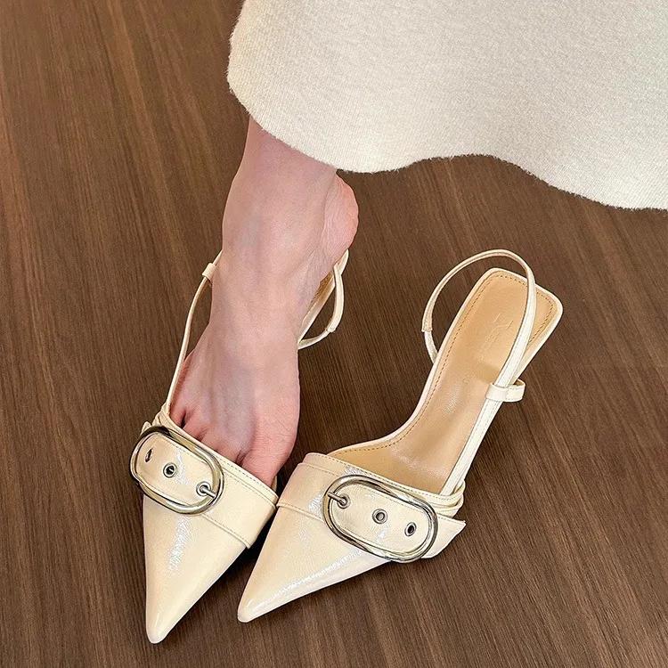 Women's Sandals Fashion Belt Buckle Design Women's Sandals Temperament Pointed Leather Sandals for Women High Heels Single Shoes