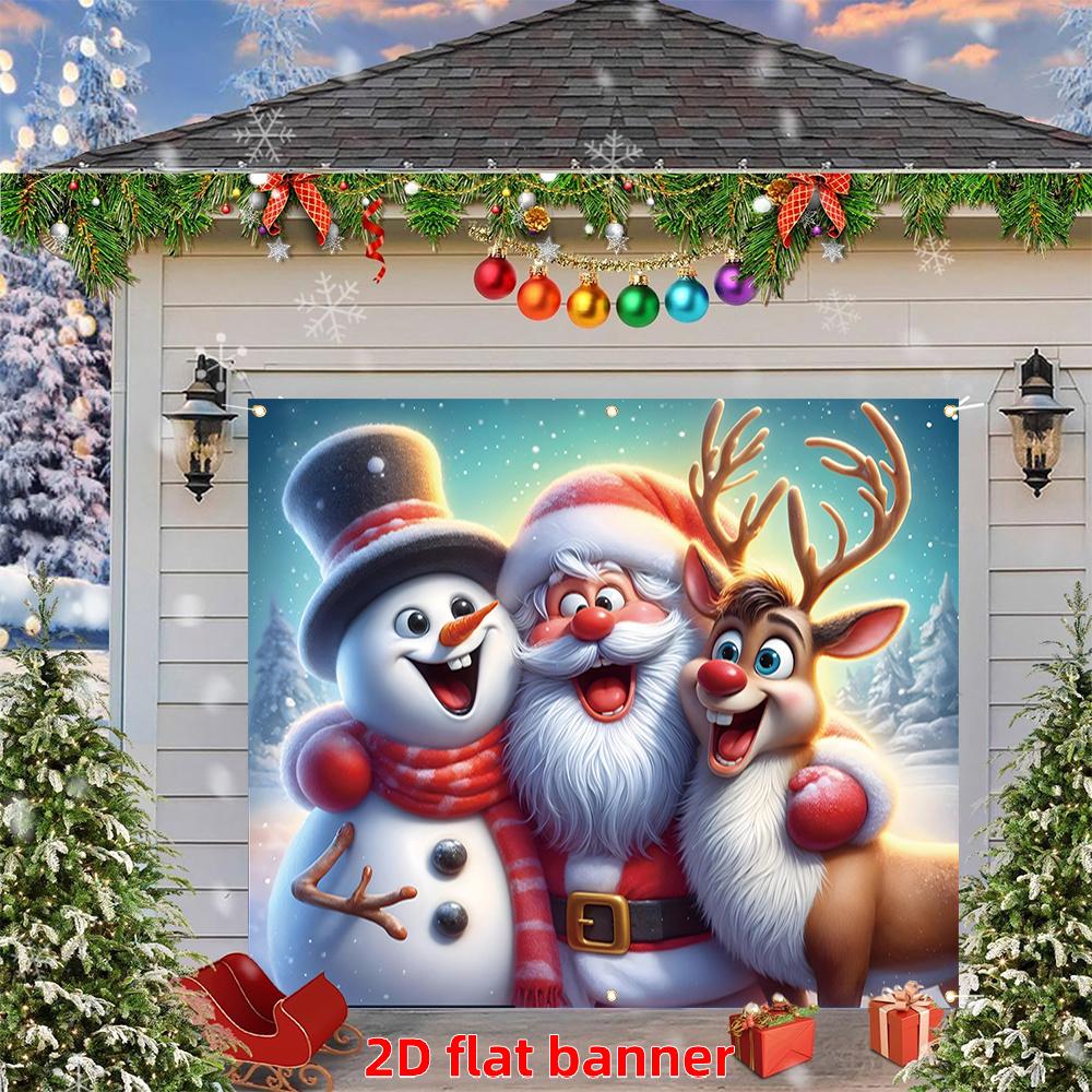 2D flat banner, 1 piece, Christmas Happy Garage Door Banner, Snowman and Santa Claus