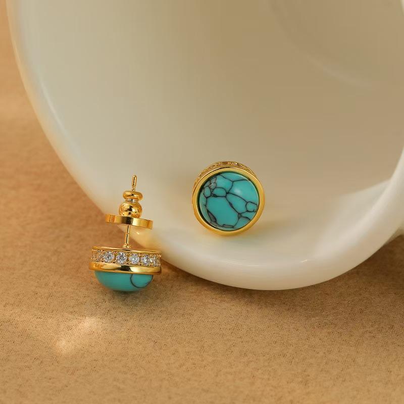Fashion Light Luxury Retro Imitation Turquoise Stud Earrings, Simple and Versatile Temperament Earrings for Women
