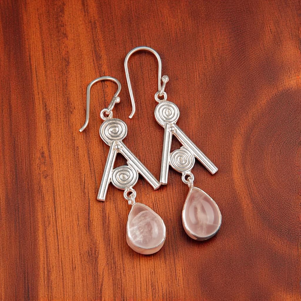 Rare Rose Quartz Gemstone 925 Sterling Silver Jewelry Handcrafted Earrings2.4" EE-86-22