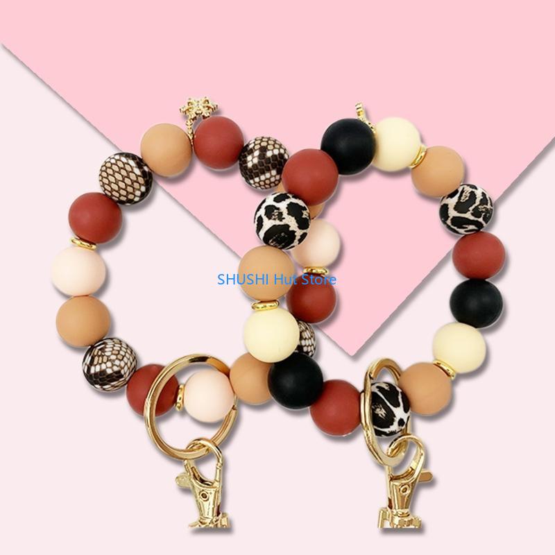 for Key Ring Bracelet Car Keychain Holder for Women Silicone Beaded Bangle Wrist D57B