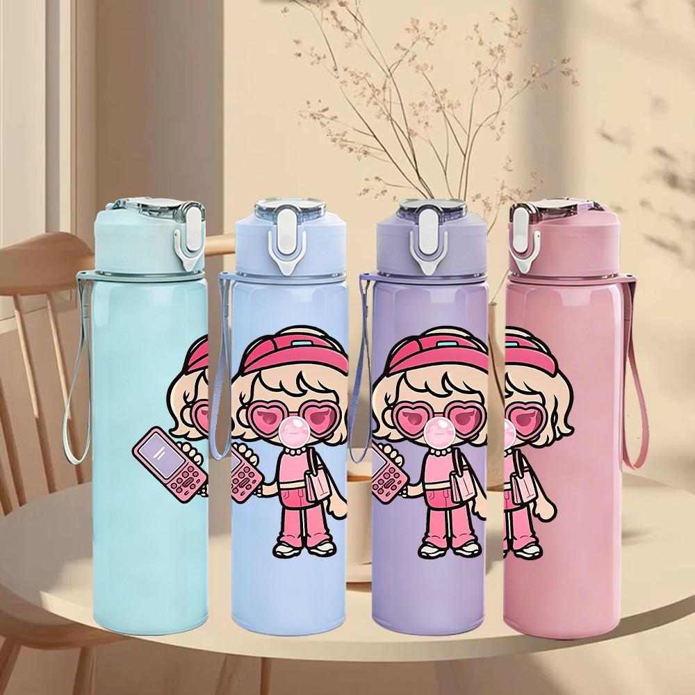 1PC Mask Girl Holding Bag 750ml Color Plastic Sports Water Bottle Leakproof Flip Straw Lid Suitable for Sports Office Home Use