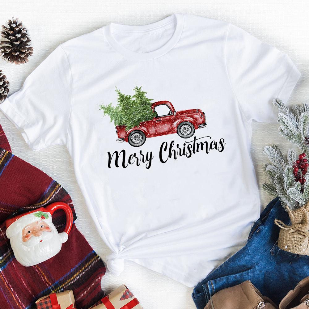 Merry Christmas Plaid Tree Printed T Shirt Fashion Graphic Women Top Tshirt Female Kawaii Tee Ladies
