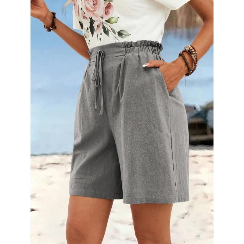 Women's Spring Summer Linen Solid Color Shorts Casual Sports Women's Shorts Three-quarter Pants with Drawstring Shorts