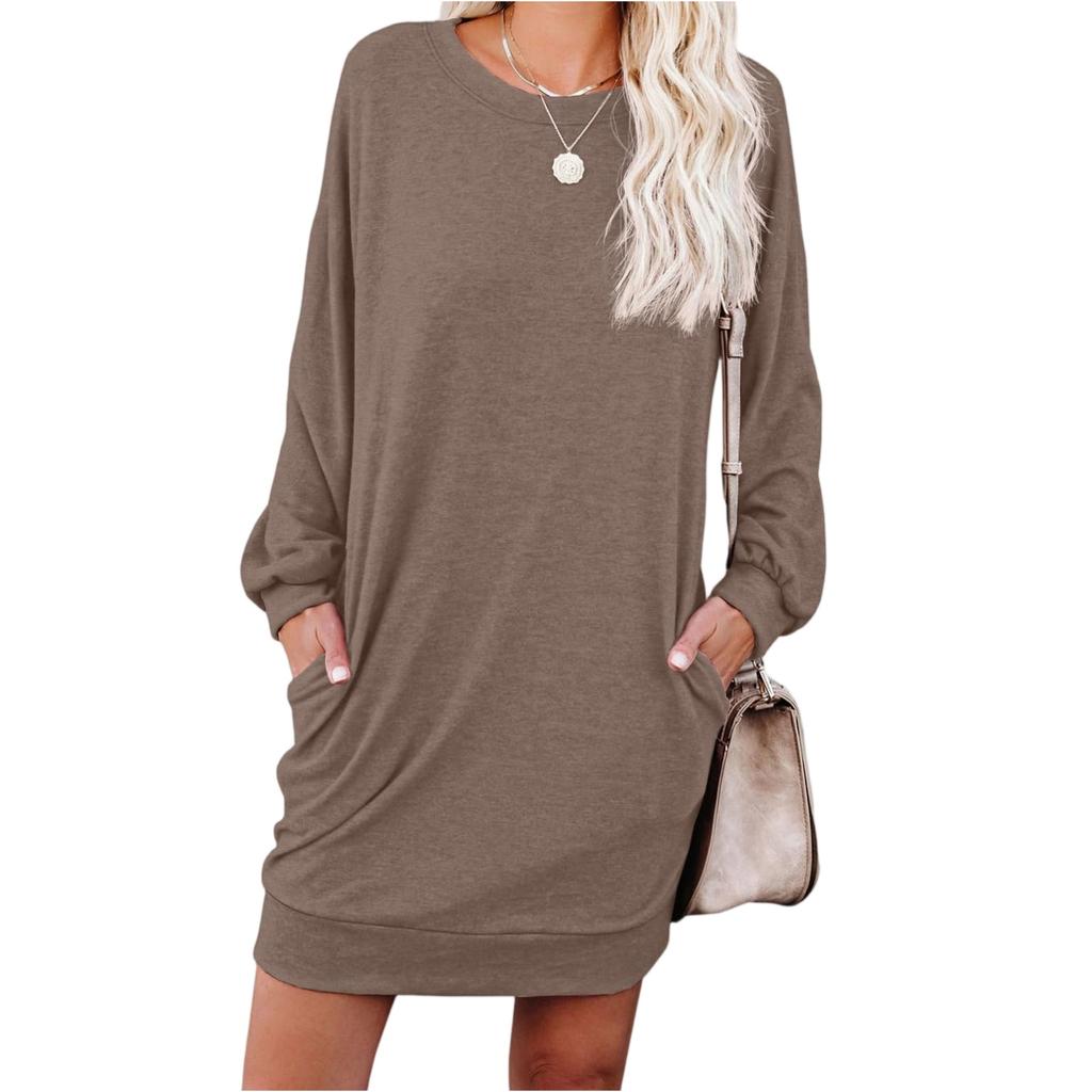 Women's Fashionable Long-sleeved Solid-color Round-neck Pocket Dress