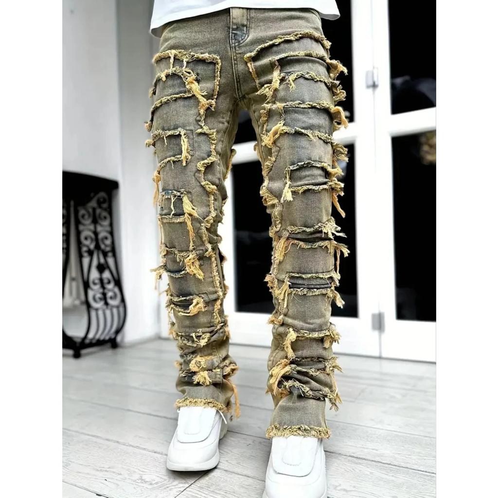 ZYLLO Casual Distressed Men's Jeans Tassels Patchwork Design Vintage Washed Stretch Denim Pants Straight Fashion Streetwear Trousers