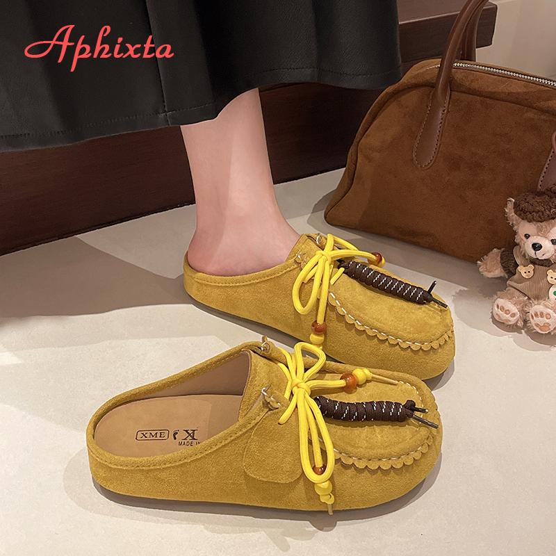 Fashion Aphixta 2025 New Summer Sewing Flat With Outside Slipper Women String Bead Lace Up Fashion Women Shoes Slip On Yellow Slides