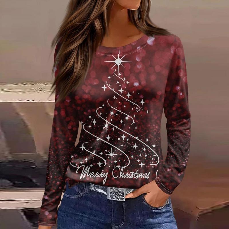 Women's Christmas Themed Round Neck Long-sleeved T-shirt with Colorful Christmas Tree Print and Comfortable Polyester Pullover