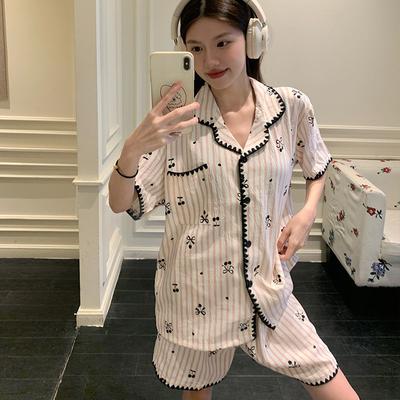 Pajamas Women's Summer Cloud Cotton High-end Striped Little Cherry Girl Ins Wind Short-sleeved Shorts Loungewear Set