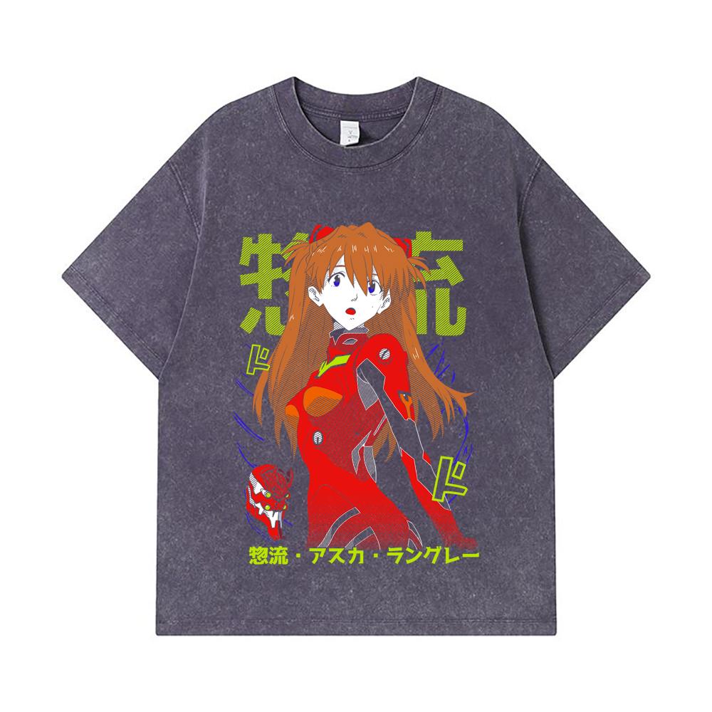 275 GSM Washed T-shirts 100% Cotton Evangelion V10 Asuka Print Unisex Heavy Cotton T Shirt