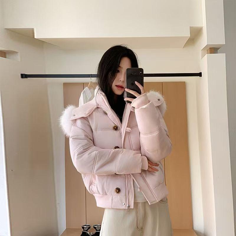 Women Puffy Parkas Winter Warm Casual Preppy Style Cute Cotton Coat Korean Fashion Long Sleeve Faux Fox Hooded Jacket