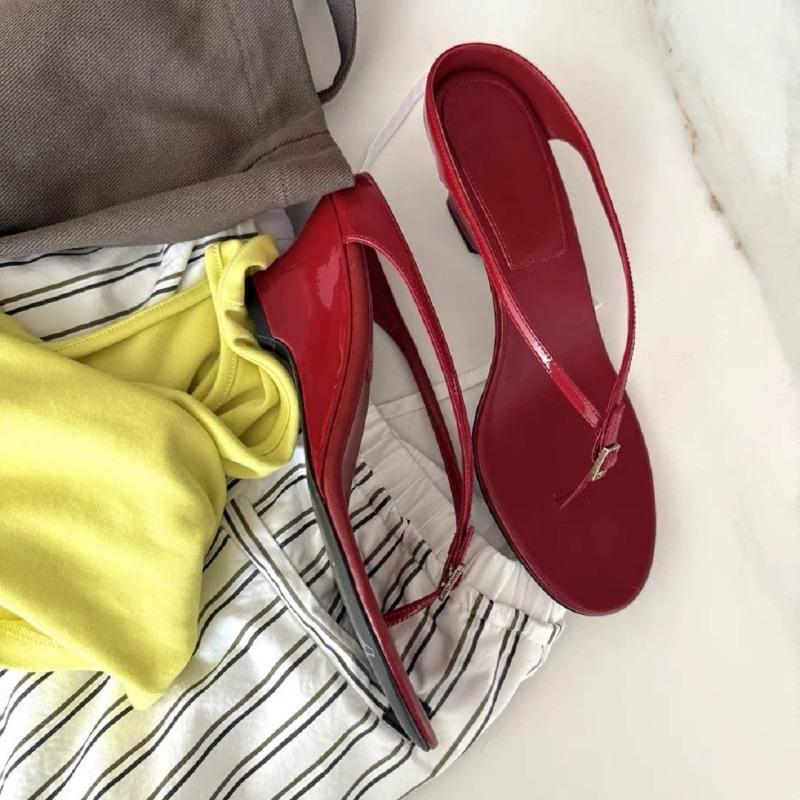 Cowhide Version~ French Niche Wedge Heel Flip-flop Shoes for Women's New Versatile High-heeled Sandals