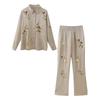 Kaslead New Arrival Women's Fashion Style Sequin Embroider Satin Shirt Casual Straight Trousers Suit