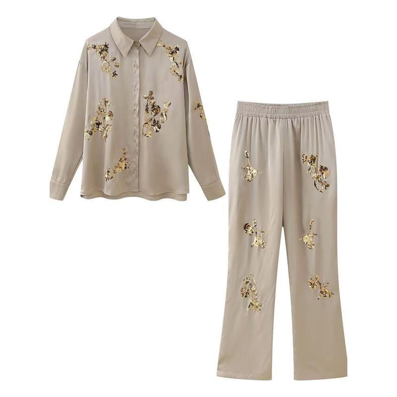 Kaslead New Arrival Women's Fashion Style Sequin Embroider Satin Shirt Casual Straight Trousers Suit