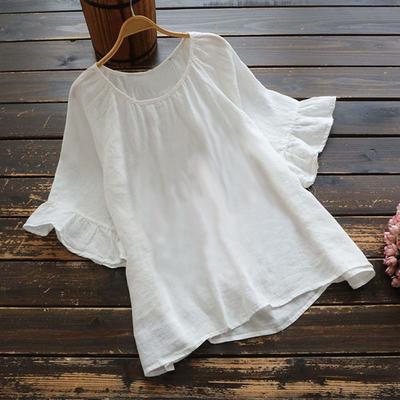 Camicia Blusa Donna Retro Monocolore Manica Corta Arricciata Cotone e Lino Camicia Casual