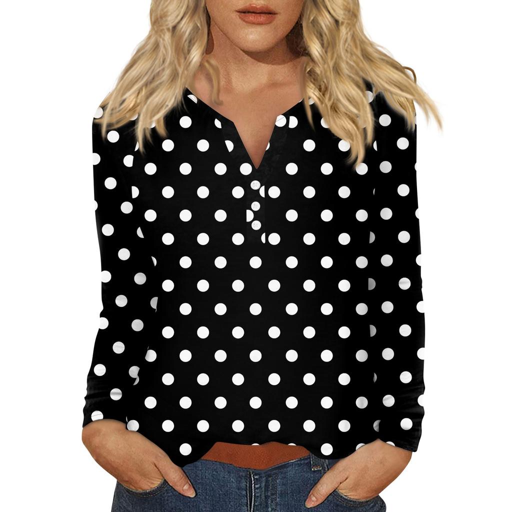 Women's Fashion Casual Printed V-neck Long Sleeve Button Up T-shirt Top