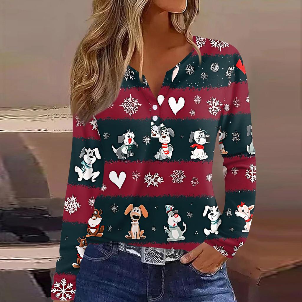 Women's T Shirt Tee Christmas Printed Button Long Sleeve Tunic Daily Weekend Fashion Basic V- Neck Regular Top