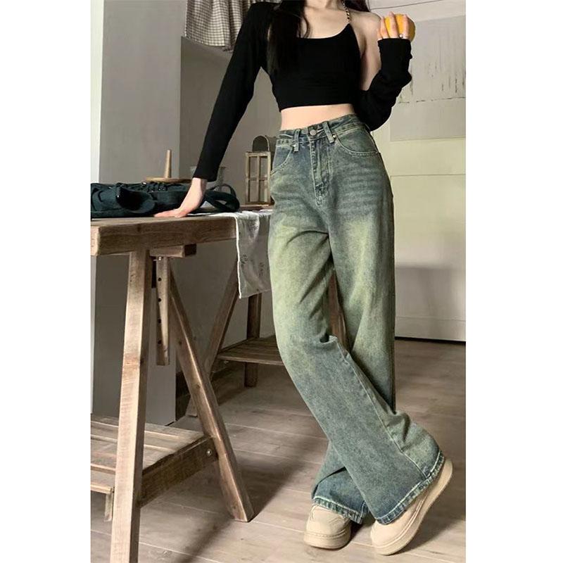 Calças Jeans Retas Largas Vintage Femininas Y2K Cintura Alta Soltas Perna Larga Jeans Mulher Streetwear Combinação Total Calças Casuais