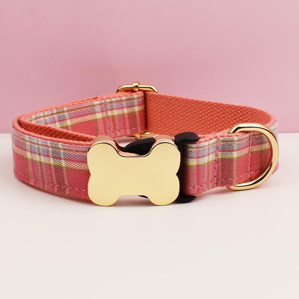 Pet Dog Collar With Grid Print Design And Bone Decor For Gift And Holiday