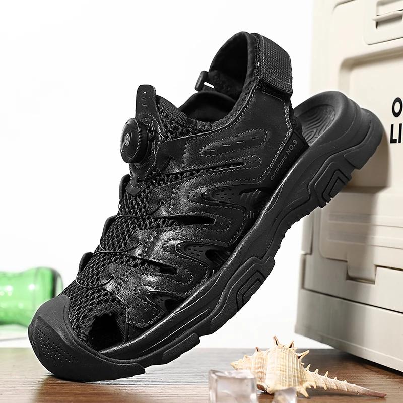 Fashion Summer Men British Style Walking Sandals Genuine Leather Casual Leather Outdoor Beach Shoe Breathable Antiskid Sandals Plus Size