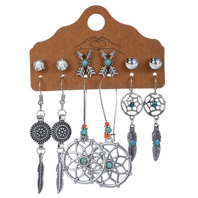 Vintage Big Round Multicolor Beaded Earrings Set for Woman Ethnic Boho Tassel Feather Long Dreamcatcher Drop Earrings