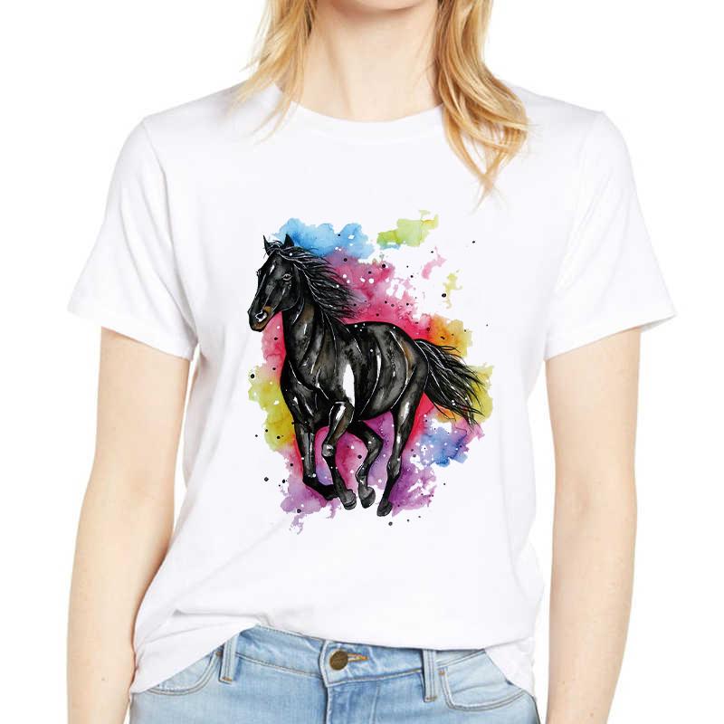Colorful Horse Print Women T-Shirt Funny Short Sleeve Cute Print Casual Womens Tee Tshirt 90S Clothes Graphic Ladies T-Shirt
