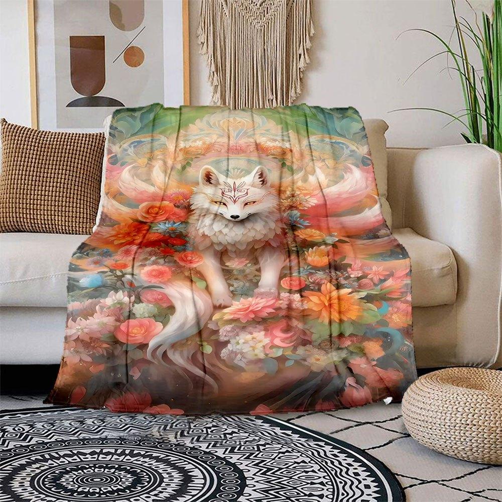 

Floral Fox Fantasy Art Print - Nature Lover GiftBlanket Flannel Throw Blanket for Sofa, Bed, Travel, Camping, Office, Couch, Chair, And Bed 150x180cm