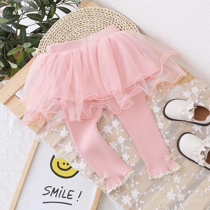 

Trendy Mesh Skirt Leggings for Girls: Ribbed Two-Piece Look for Autumn and Spring 120 cm рожевий