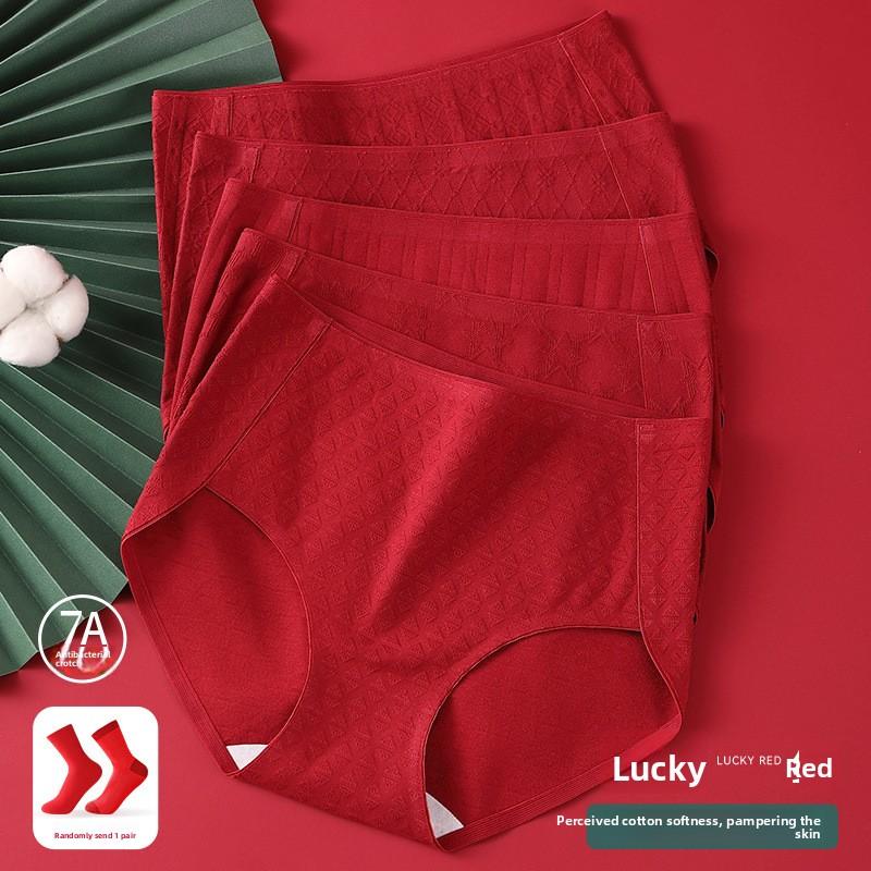 Plus Size Women Spring and Autumn Year Red Cotton Extended Crotch Breathable Belly High Waist Triangle Briefs