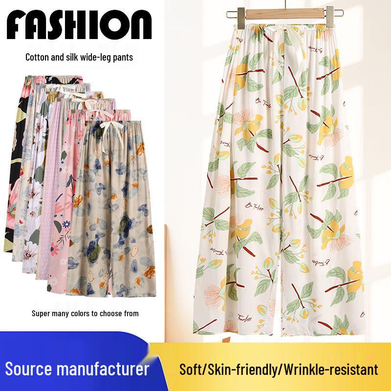 Women's Breathable Cotton and Silk Wide-Leg Pajama Pants for Casual Summer or Home Wear