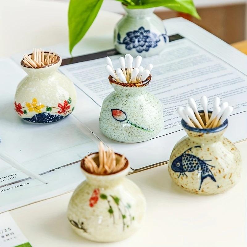 Chinese Style Ceramic Toothpick Holder Mini Retro Cotton Swab Storage Jar Simple Small Vases Decor Toothpick Dispenser Box