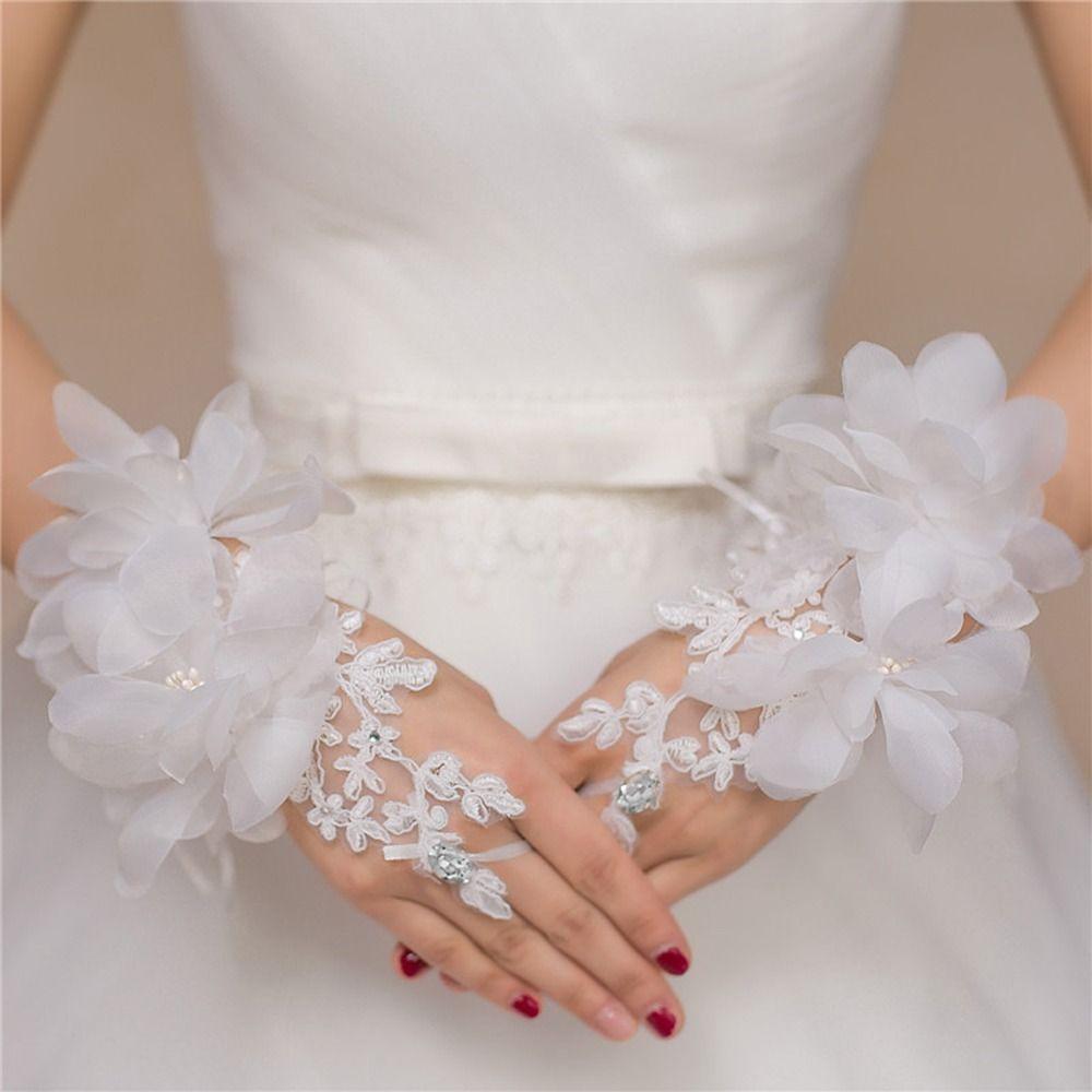 Ultra-Thin Rhinestone Floral Flower Mesh Mittens Women Gloves Bridal Gloves Wedding Accessory