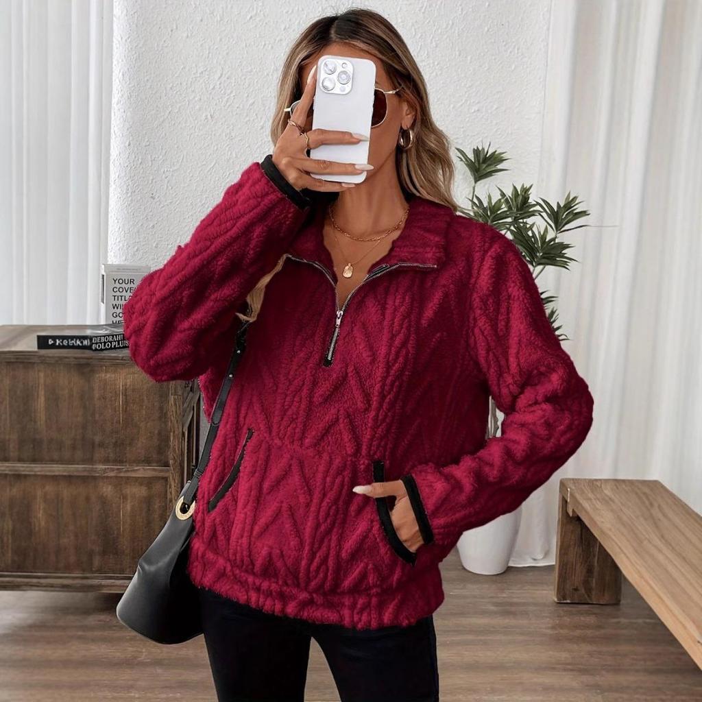Autumn and Winter New Style Lapel Small Fragrant Jacquard Half Zipper Plush Pocket Short Hoodie