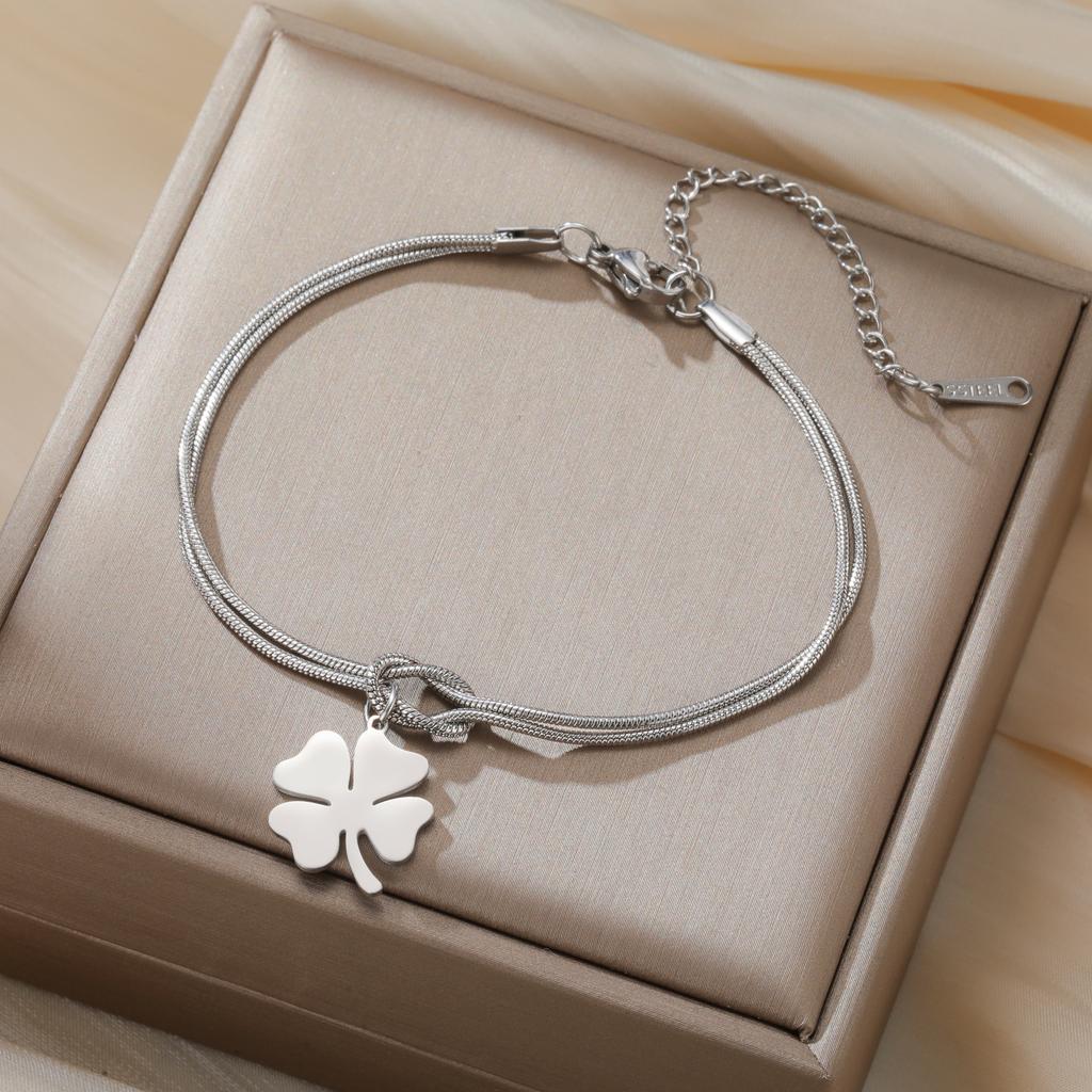 Four Leaf Clover Charm Bracelet Stainless Steel Women's Love Knot Snake Chain Bracelets Lucky Fashion Jewelry Friendship Gift