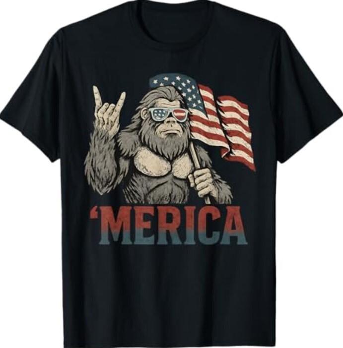 Bigfoot Merica Rock American Flag Patriotic USA 4th Of July T-Shirt Unisex T-Shirt M