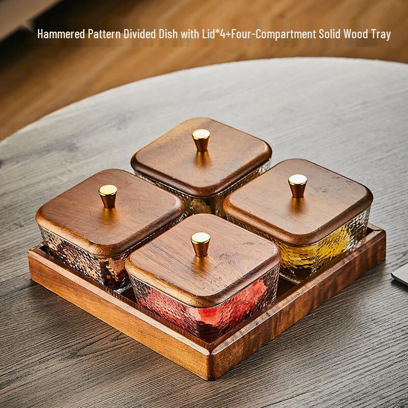 Walnut Wood Sectioned Snack & Fruit Tray Four-Compartment, With Lid