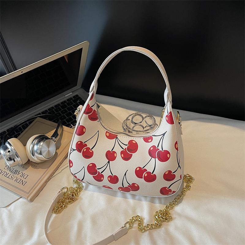 

Fashion Shoulder Bag Strawberry Cherry Print Solid Color Large Capacity Zipper Adjustable Chain Strap Daily Commute Shopping