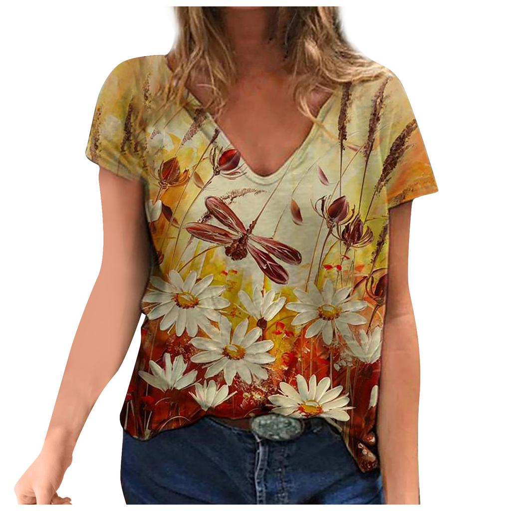 Plus Size Women Short Sleeve Printed V-Neck Tops Tee T-Shirt Blouse