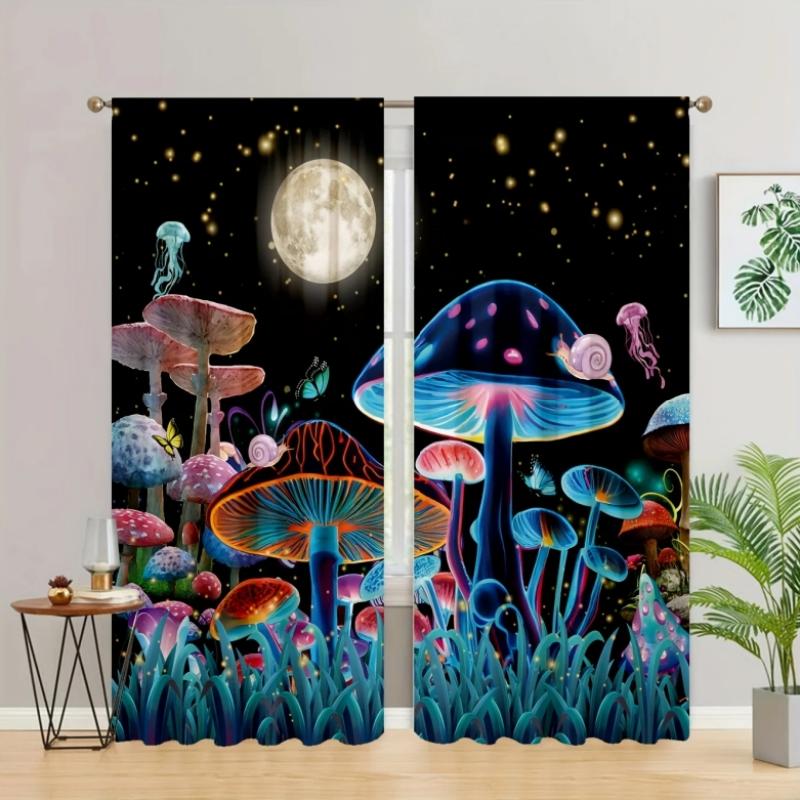 

Карниз для штор с принтом грибов, карман для штор с высокой степенью затемнения, подходит для кухни, спальни, кабинета, кафе, гостиной, домашнего декора, новый W55 X H120cm X 2&Grommet Top