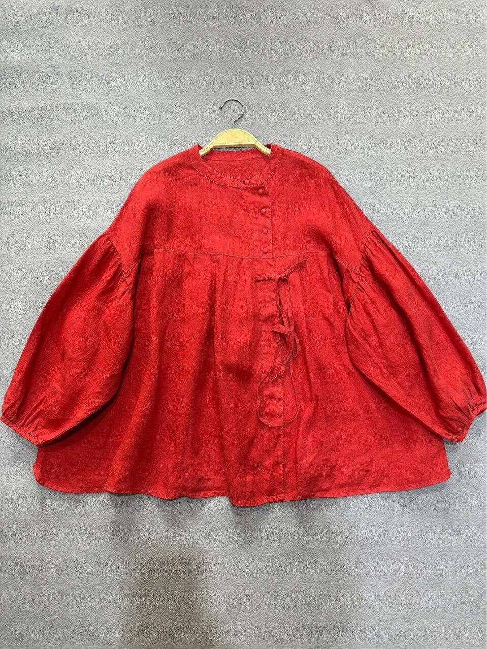 

Johnature весна-осень винтажная литературная косая рубашка на шнуровке свободные топы простые однотонные женские рубашки One Size красный